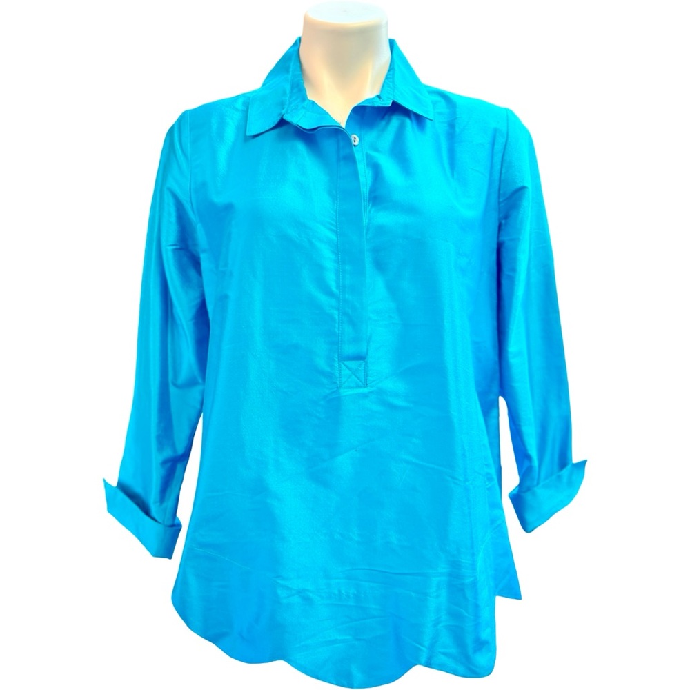 Silk Turquoise Blouse Textured Scalloped Hem 1/4 Button Sz M Sara Campbell Top